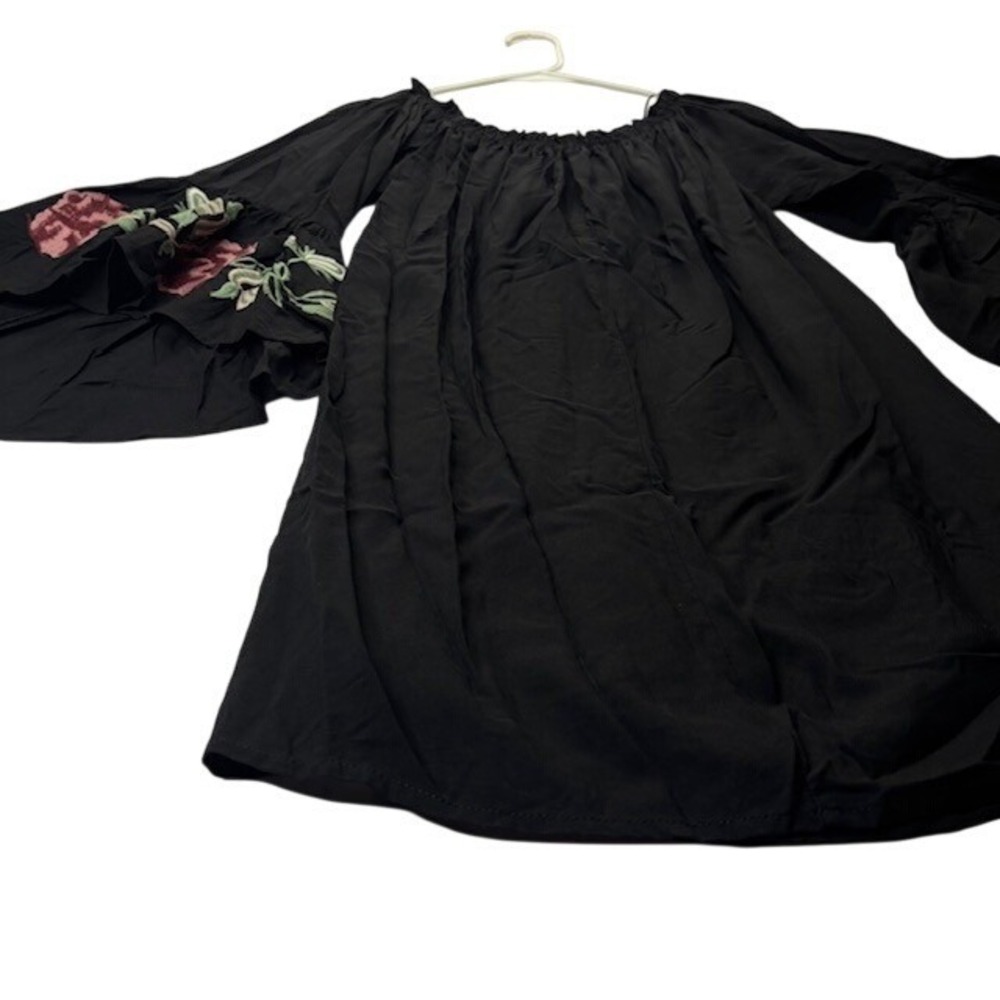 Blue Rain Women's Black Boho Peasant Dress XS Off Shoulder Bell Sleeve Embroided - Picture 3 of 11